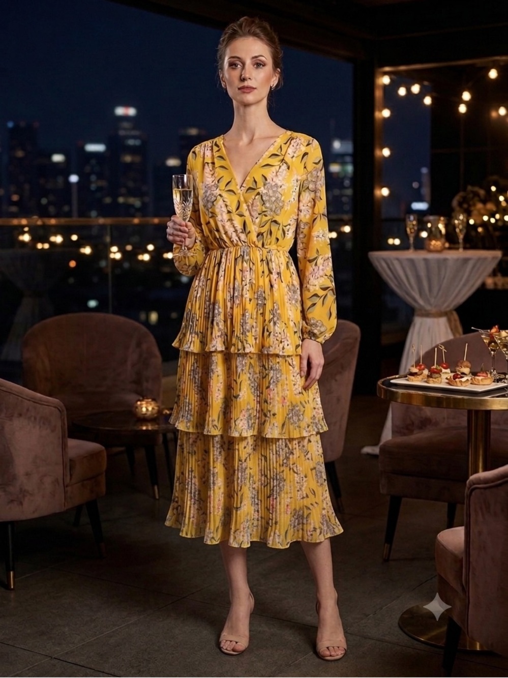 Mustard Floral Print V-Neck Tiered Midi Pleated Long Sleeve Japoneze Dress Sz XS